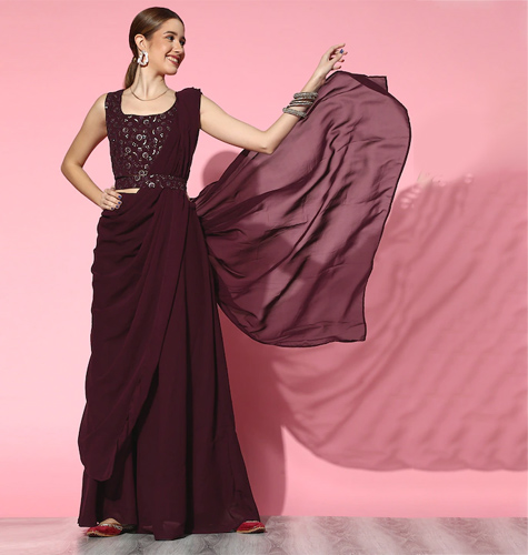 Classic Burgundy Shade Gorgeous Embroidered Lehenga with Solid Choli